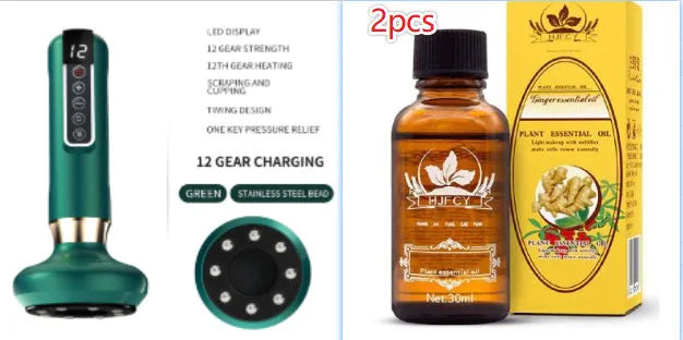 Green electric vacuum cupping massager with USB cable on a table
