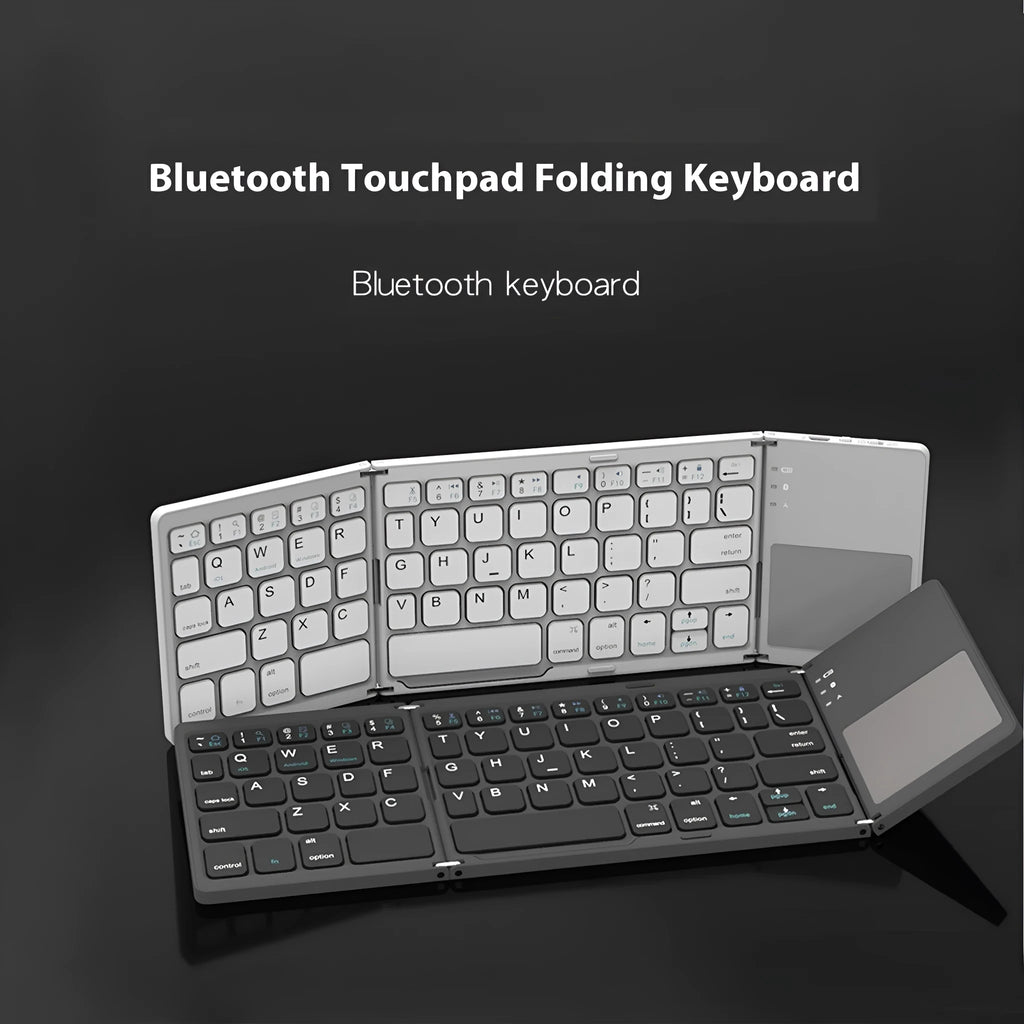 Black and silver mini tri-fold Bluetooth keyboard shown unfolded, displaying its slim profile and compact key layout.
