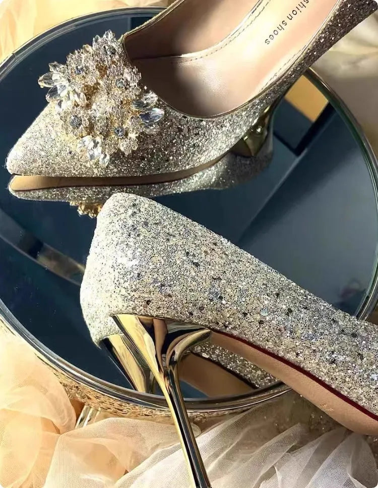 Xiuhe champagne wedding shoes with crystal rhinestones and pointed toe