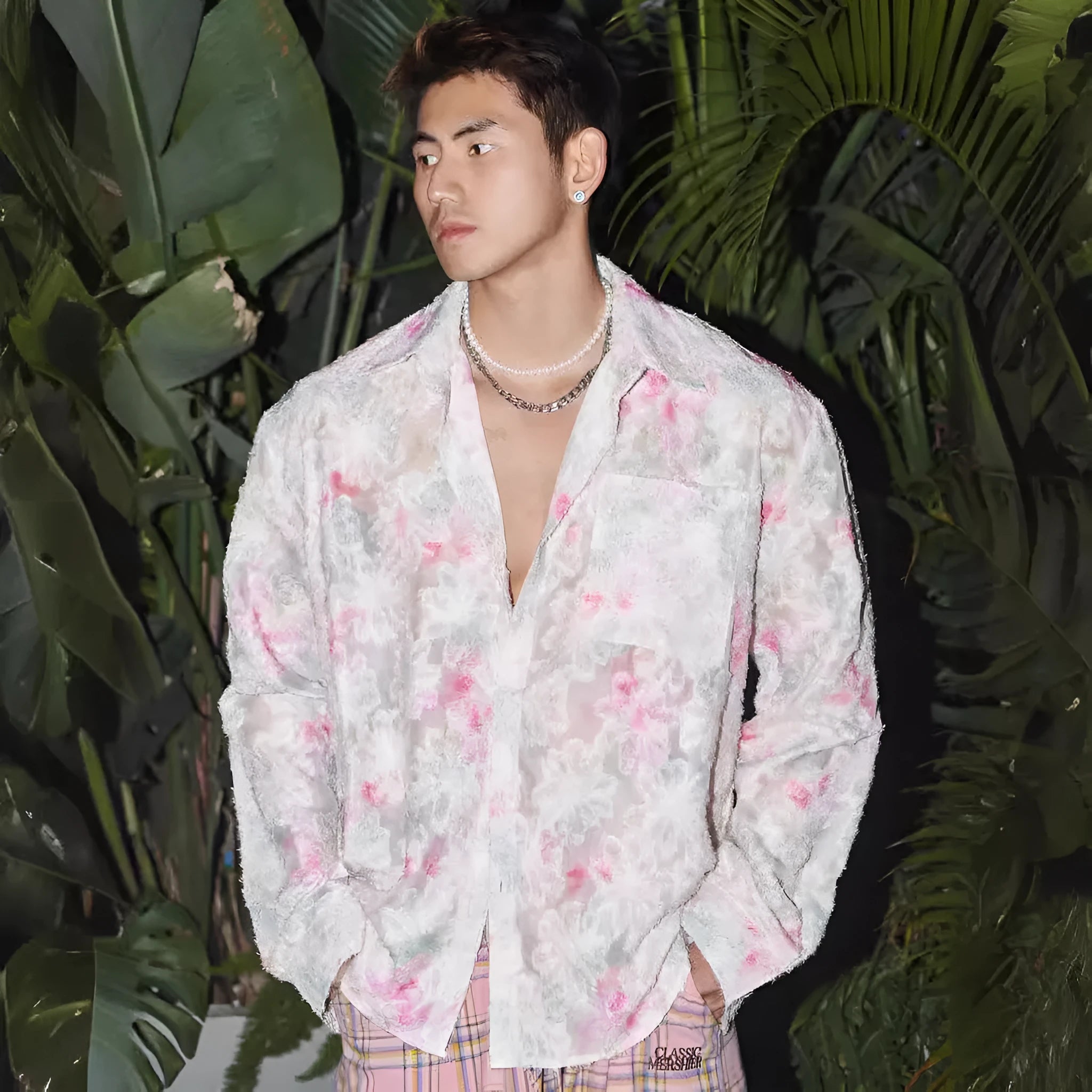 Men's floral long sleeve shirt with embossed 3D pattern in blue colour showing loose fit design