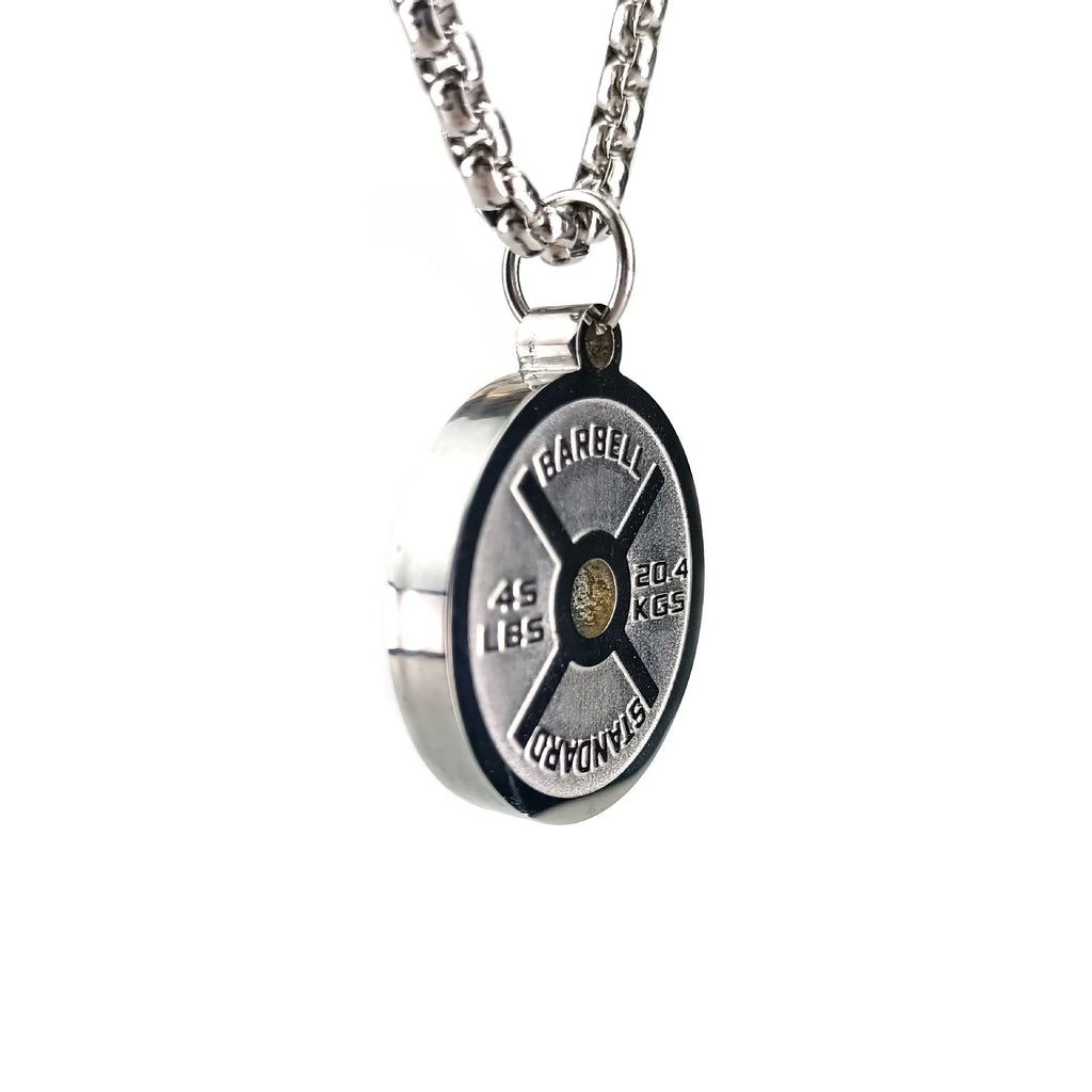 Polished stainless steel barbell disk necklace pendant with geometric design