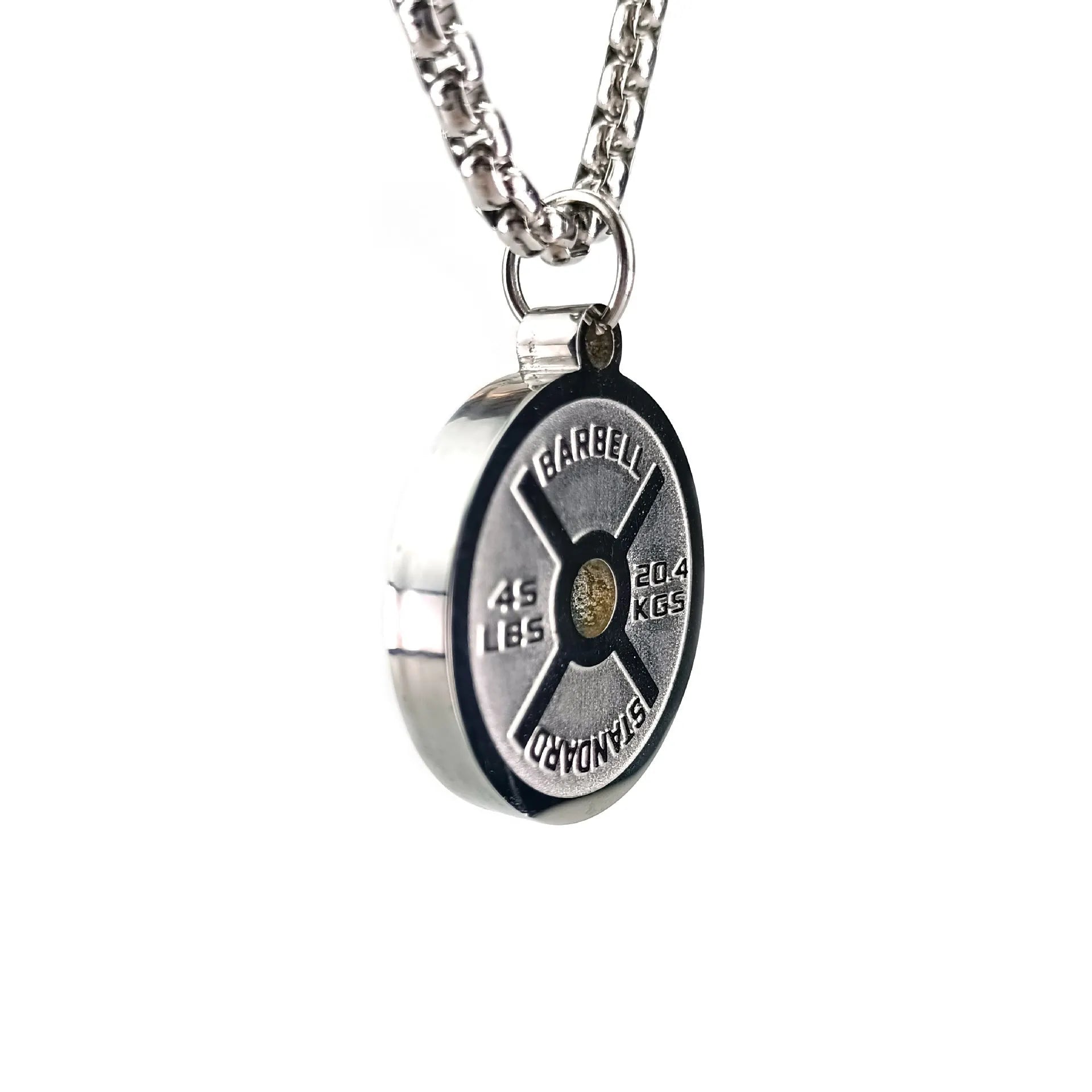 Polished stainless steel barbell disk necklace pendant with geometric design