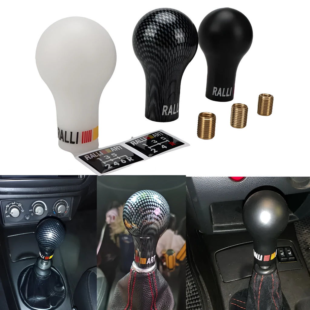 Manual automatic five-gear car gear head shifter in white, black, blue, red, and carbon fibre finishes.