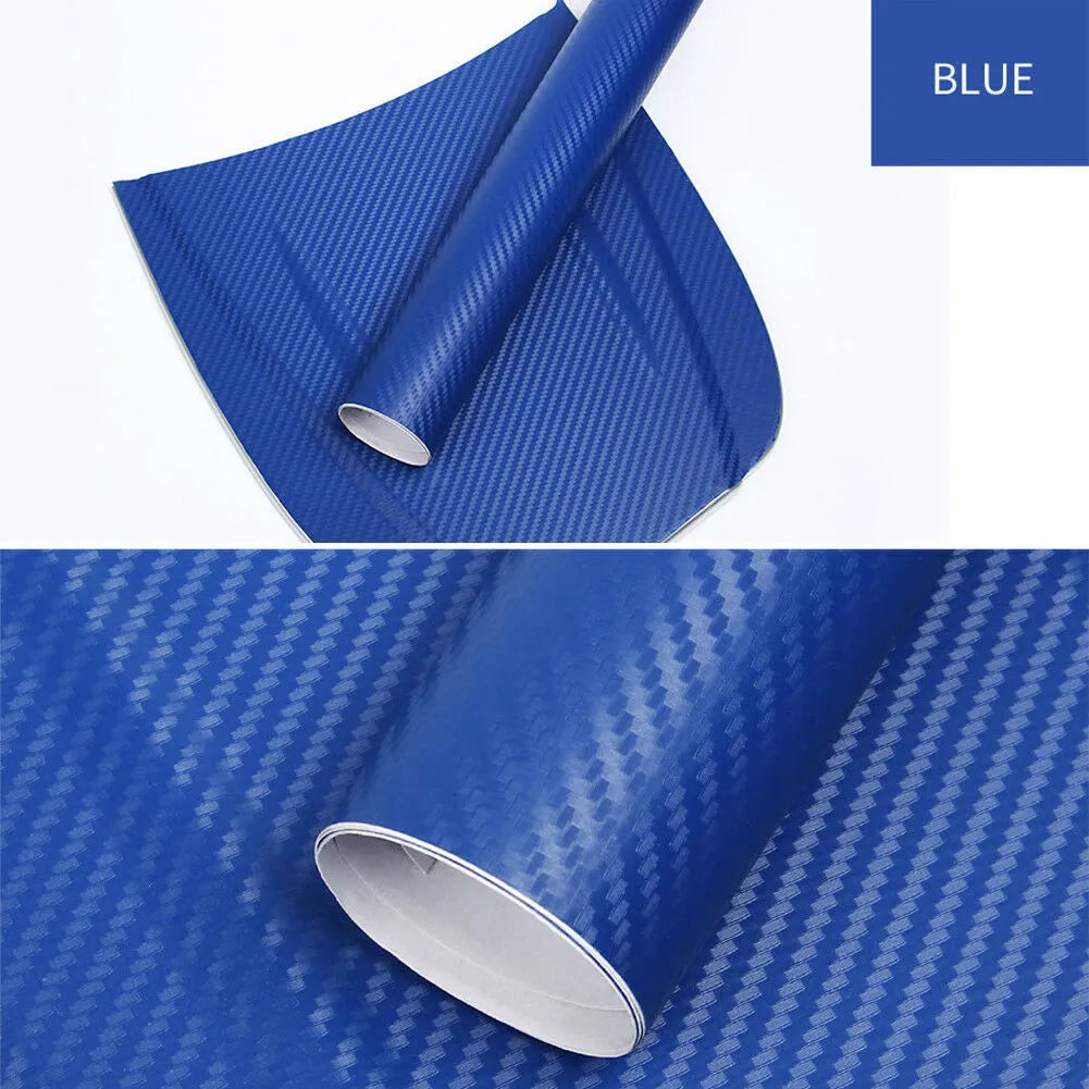 Carbon fibre pattern sticker roll showing eight colour options with 30x127 cm dimensions for car decoration
