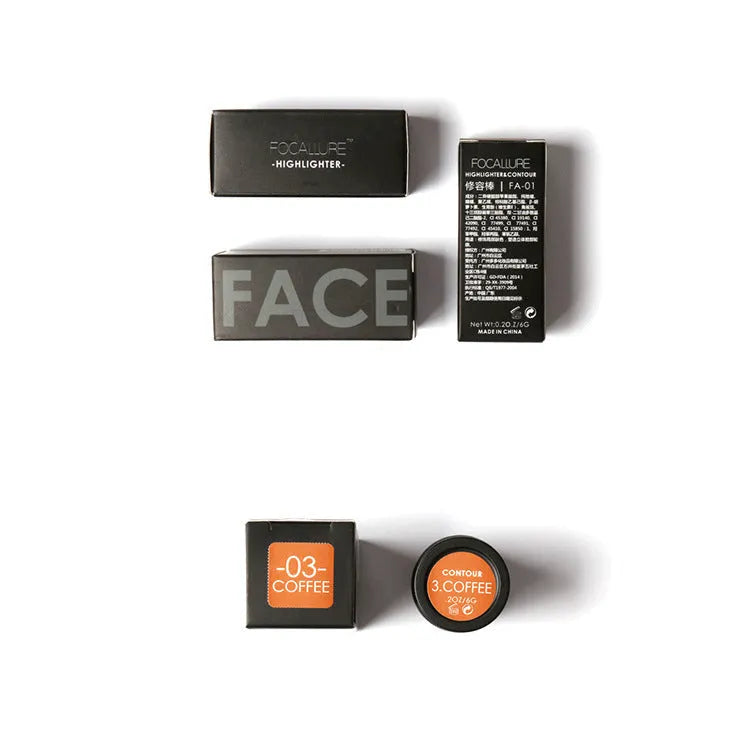 Four makeup stick highlighters in shades A, B, C, D for face contouring and cheekbone definition.