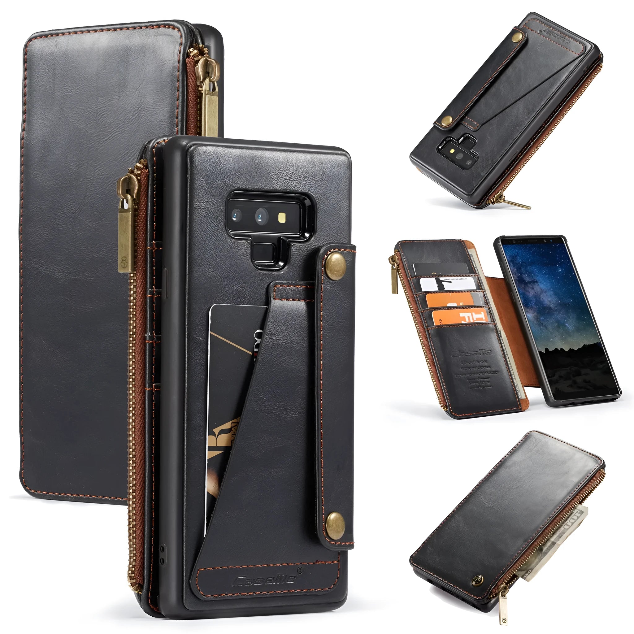 Samsung Galaxy Note 9 flip phone case in black PU leather showing closed and open positions