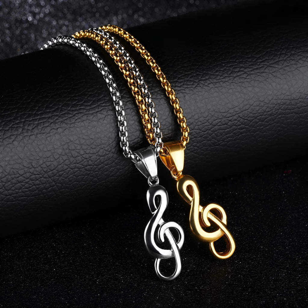 Gold music symbol pendant made from titanium steel on a chain