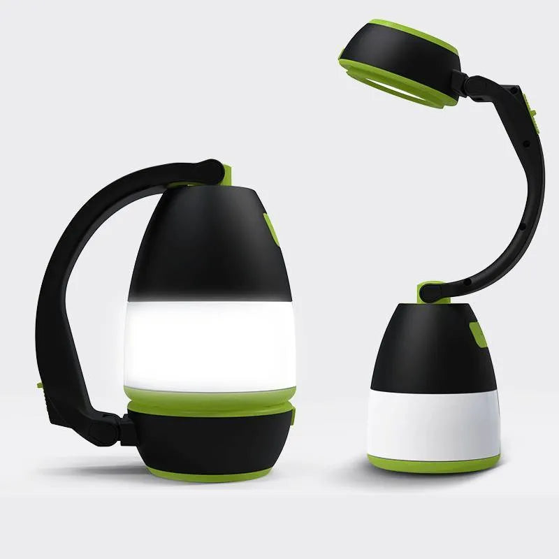 Black Green multifunctional LED camping lamp with USB port, shown in folded position.