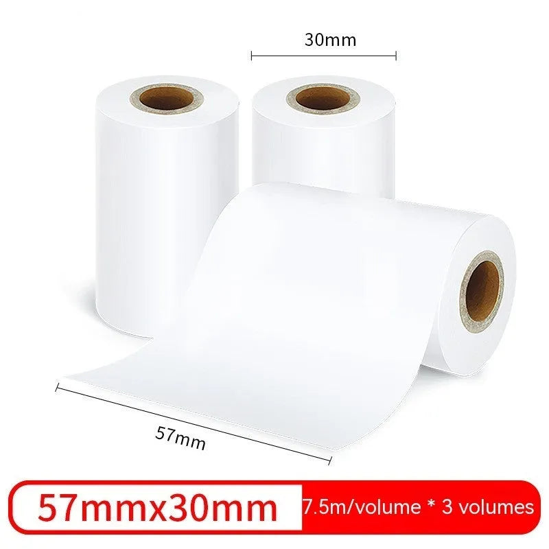 Three rolls of 57mm x 30mm thermal paper in packaging for small printers