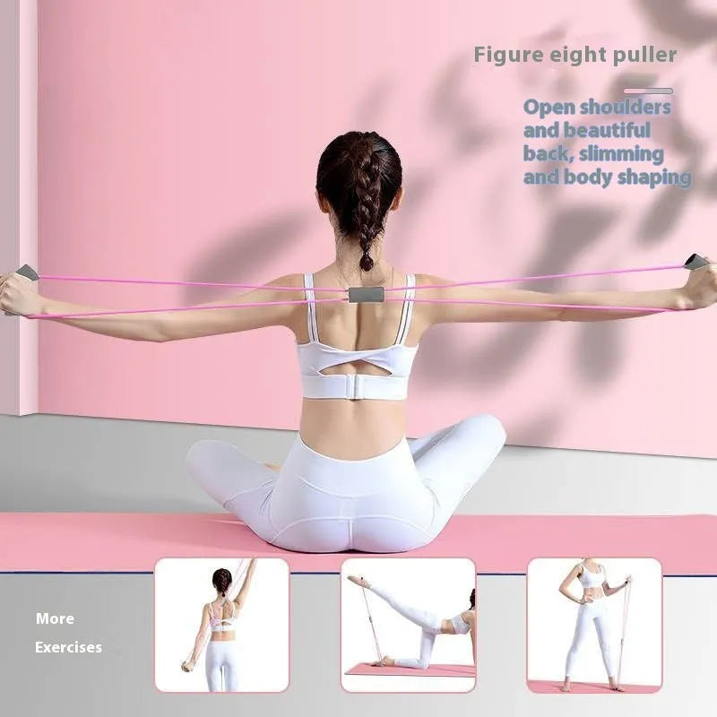 Yoga four-piece fitness set showing leg stretcher, ring, pedal device, and tension rope on a floor.