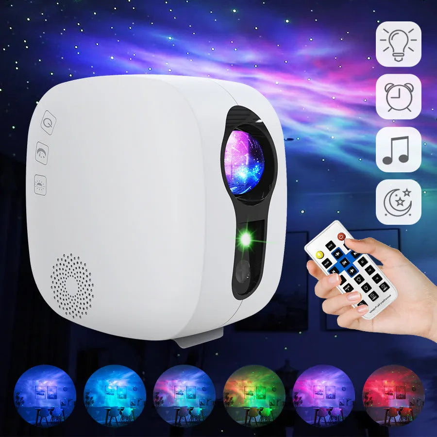 White modern minimalist laser star projector displaying nebula and moon projection on ceiling