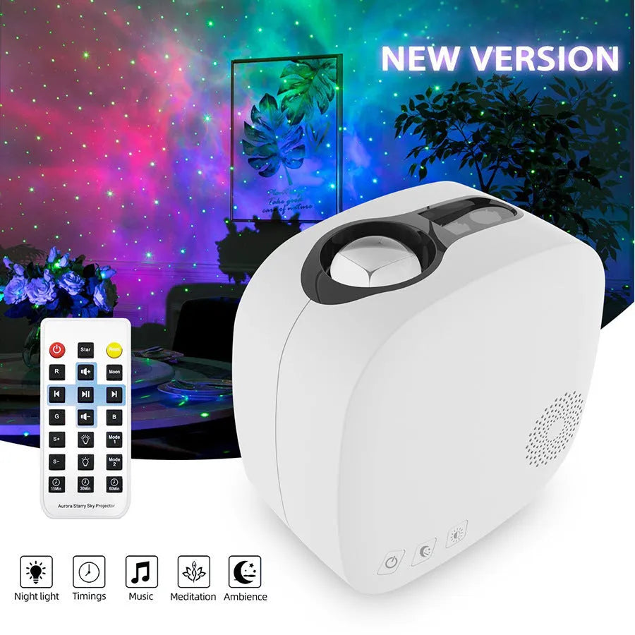 White modern minimalist laser star projector displaying nebula and moon projection on ceiling