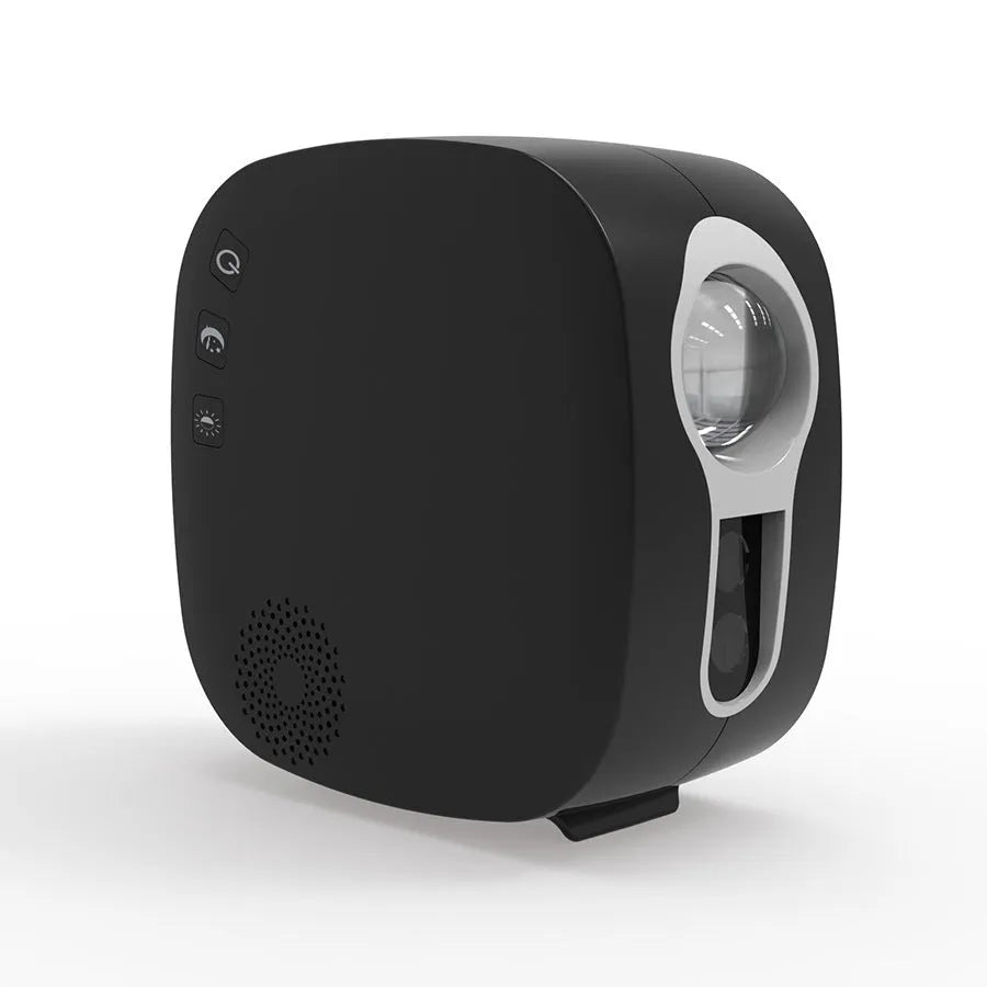 White modern minimalist laser star projector displaying nebula and moon projection on ceiling