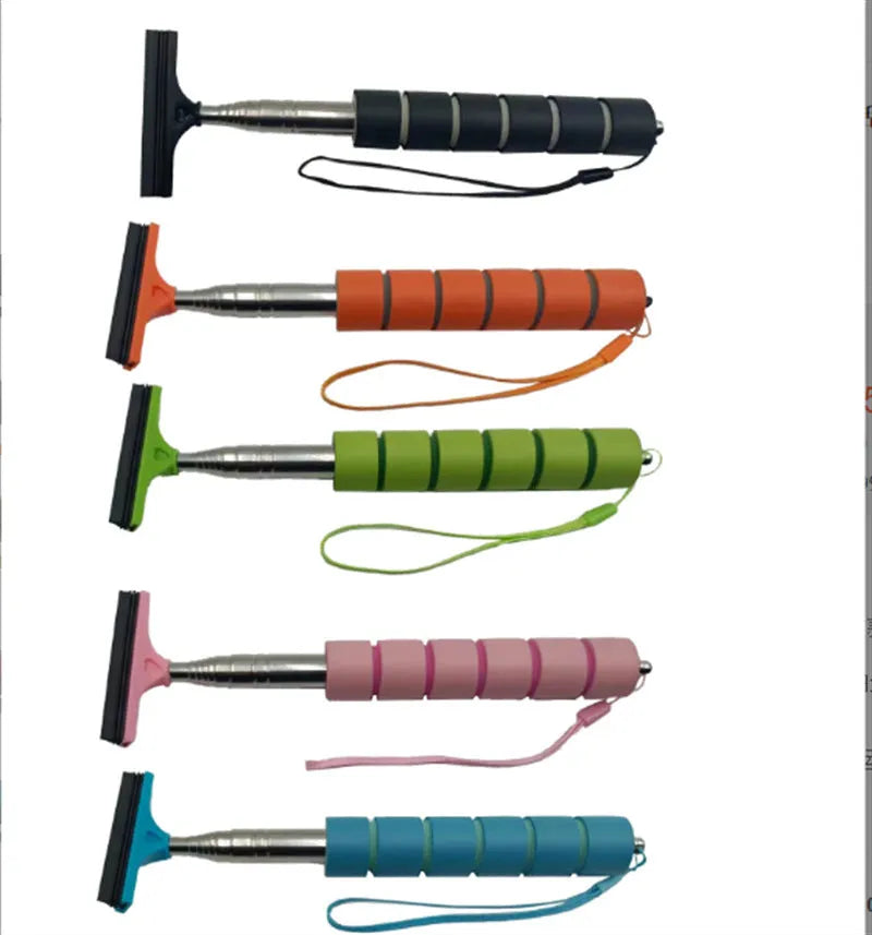Retractable stainless steel car rearview mirror wiper in black, blue, green, orange, or pink colour options.