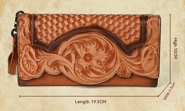 Women's tri-fold cowhide wallet with Chinese embossed floral patterns in retro brown colour