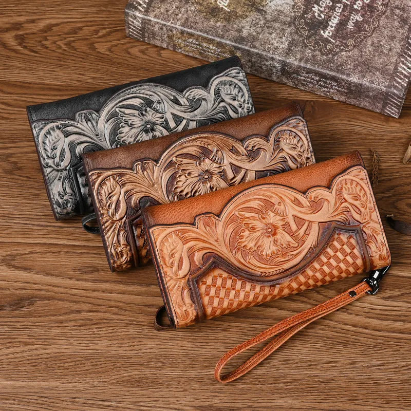 Women's tri-fold cowhide wallet with Chinese embossed floral patterns in retro brown colour
