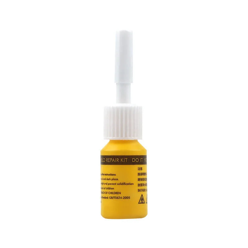 Yellow three-piece car windshield repair tool set with glass repairing liquid for chip and crack repair