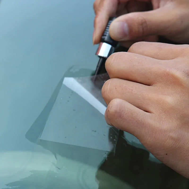 Yellow three-piece car windshield repair tool set with glass repairing liquid for chip and crack repair