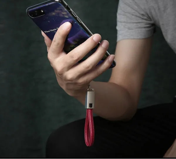 USB C to Apple Lightning leather braided charging cable in black brown red colours measuring 20cm
