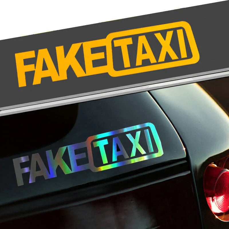 Waterproof FAKE TAXI car warning sticker in yellow, 20cm by 8cm, on a vehicle window.