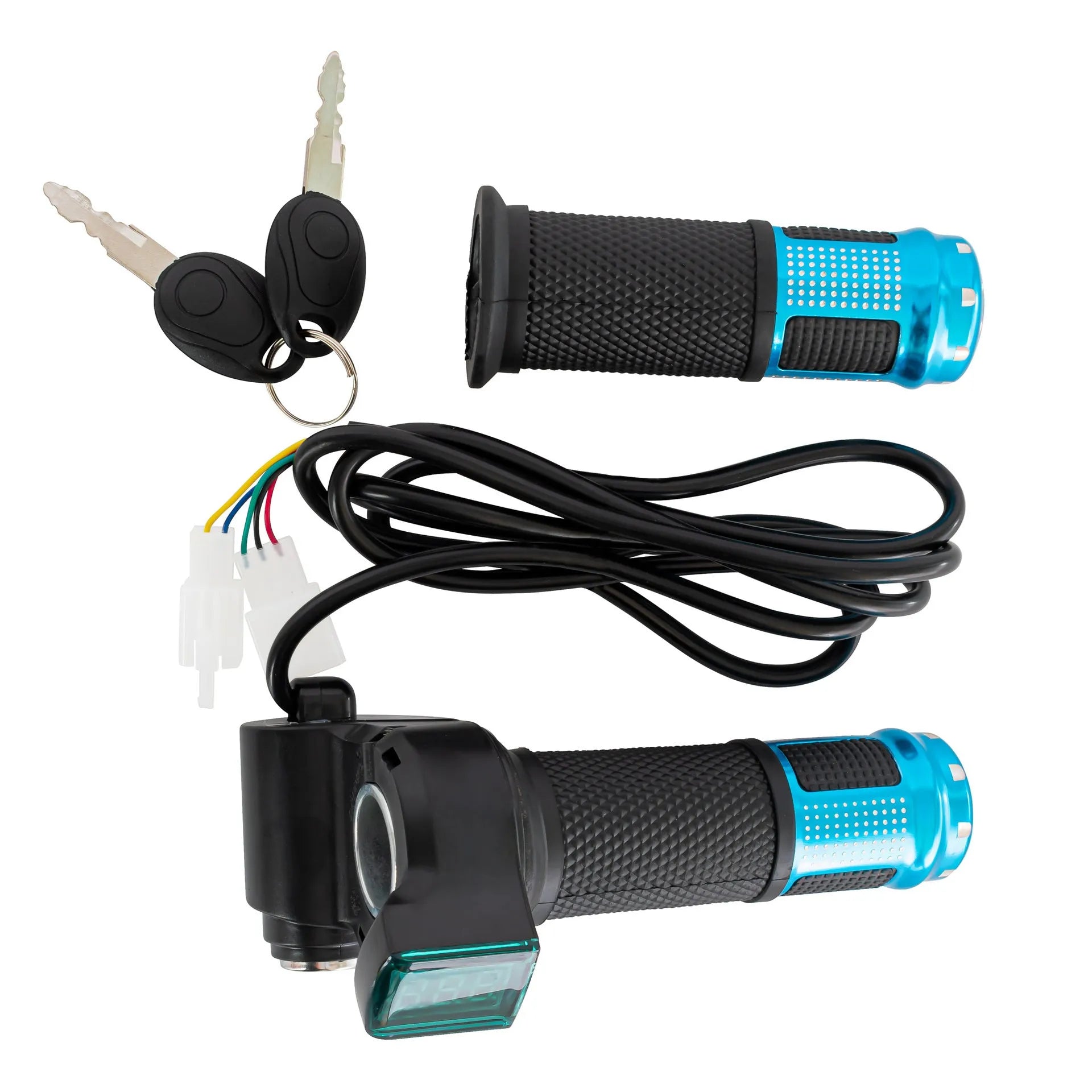 Electric vehicle handlebar replacement section showing 5-core wire connection and multiple colour options