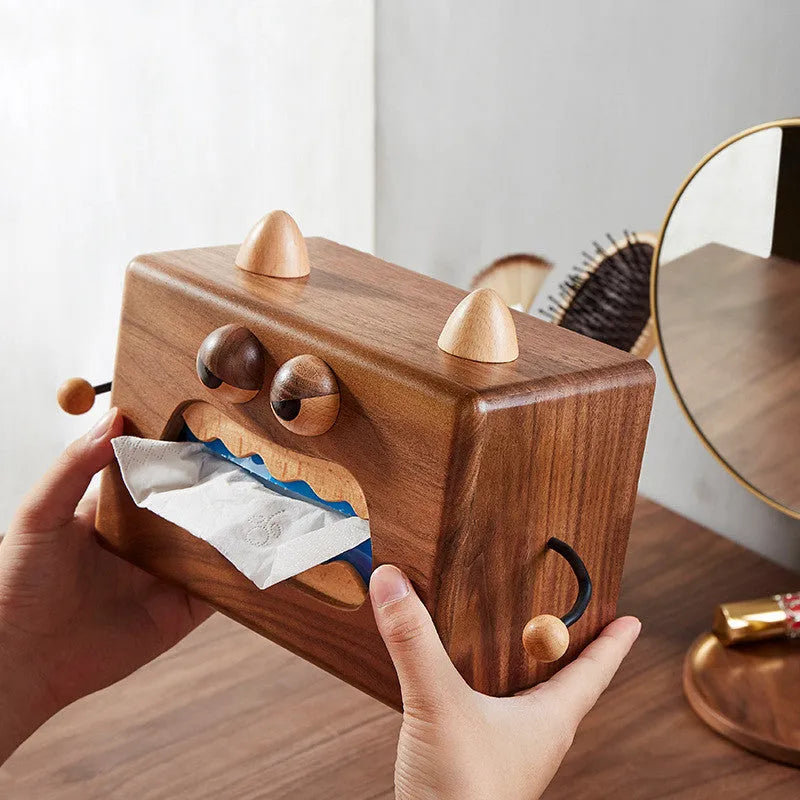 Wooden tissue box with cartoon monster design in walnut beech colour measuring 190x104x125mm