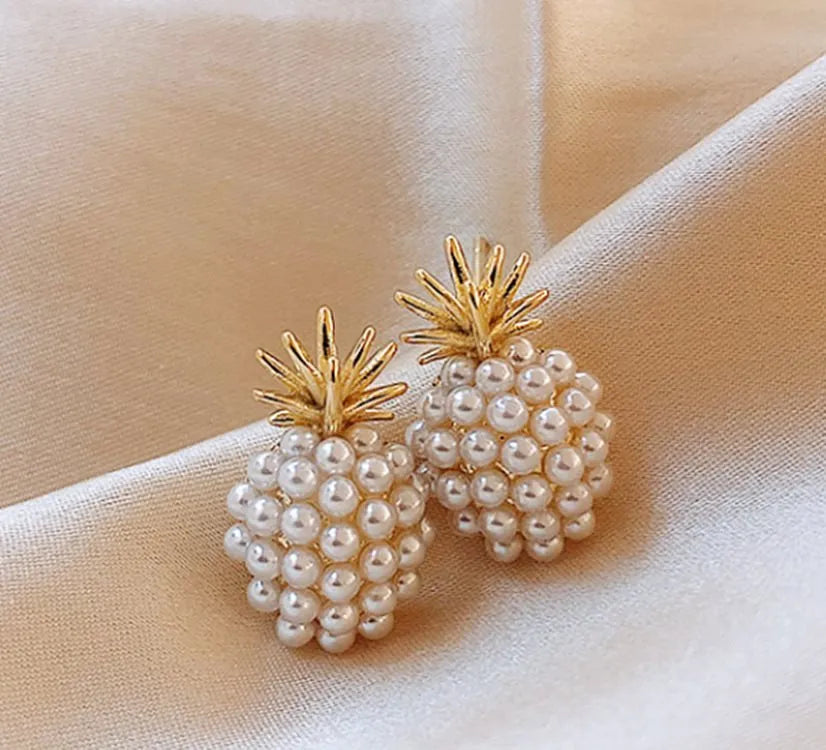 Korean style pineapple and starfish pearl design alloy earrings with electroplated finish and artificial gem inlay