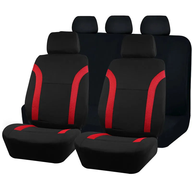 Universal polyester car seat cover set in blue showing headrest and seat panels with eyelet stitching.