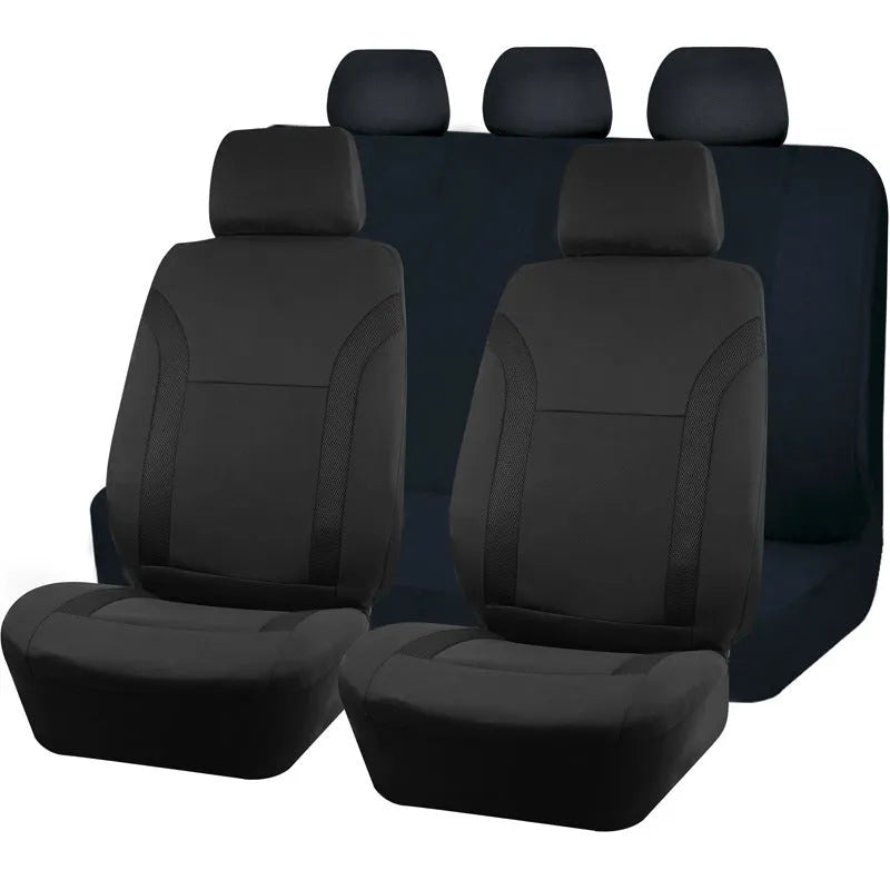 Universal polyester car seat cover set in blue showing headrest and seat panels with eyelet stitching.