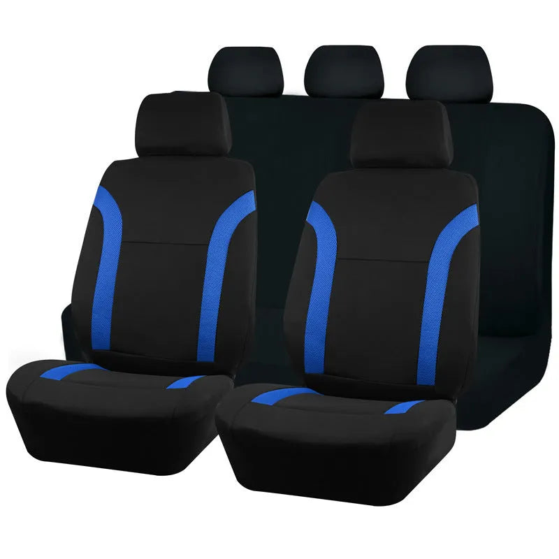 Universal polyester car seat cover set in blue showing headrest and seat panels with eyelet stitching.