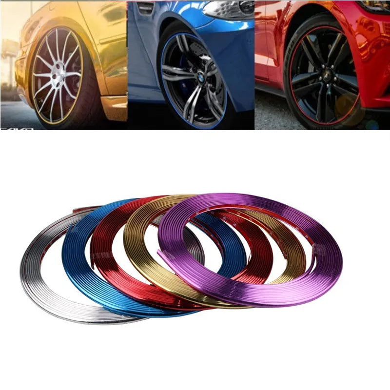 Electroplated purple PVC wheel hub trim stickers showing 8-metre anti-collision strip roll
