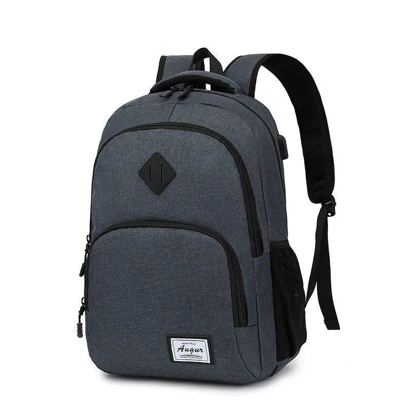 Grey lightweight nylon backpack with a USB charging port and travel straps.
