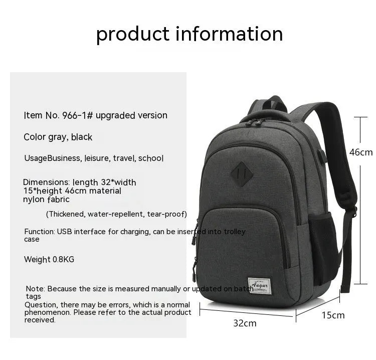 Grey lightweight nylon backpack with a USB charging port and travel straps.