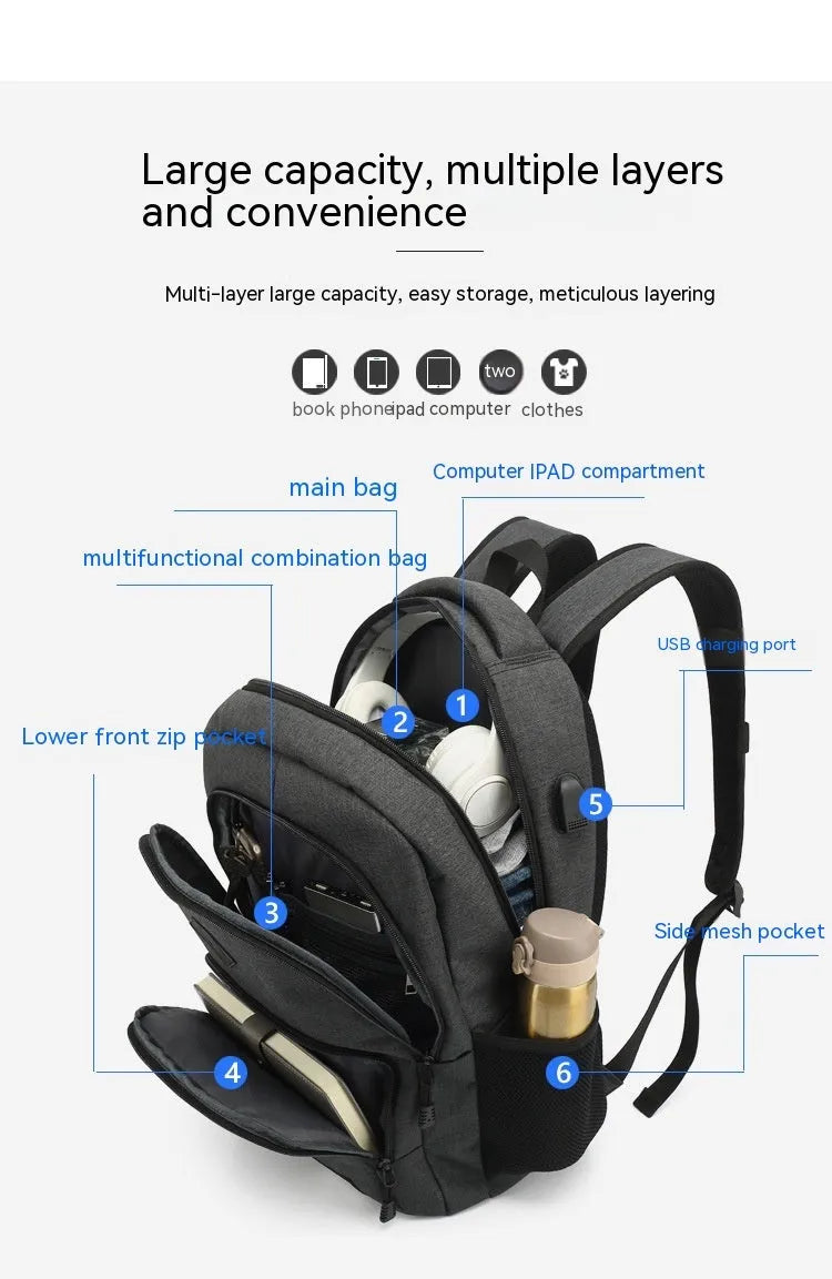 Grey lightweight nylon backpack with a USB charging port and travel straps.