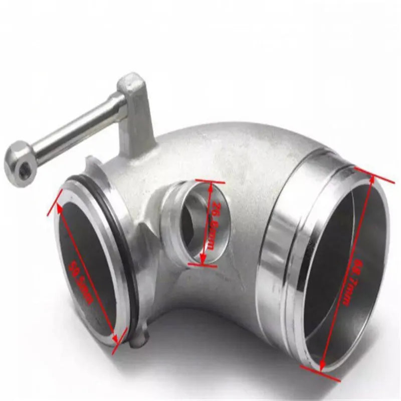 Black aluminium alloy 90 degree turbocharger elbow tube for lateral engine mounting.