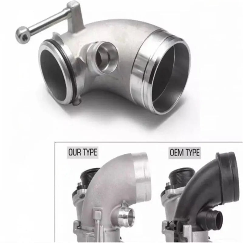 Black aluminium alloy 90 degree turbocharger elbow tube for lateral engine mounting.