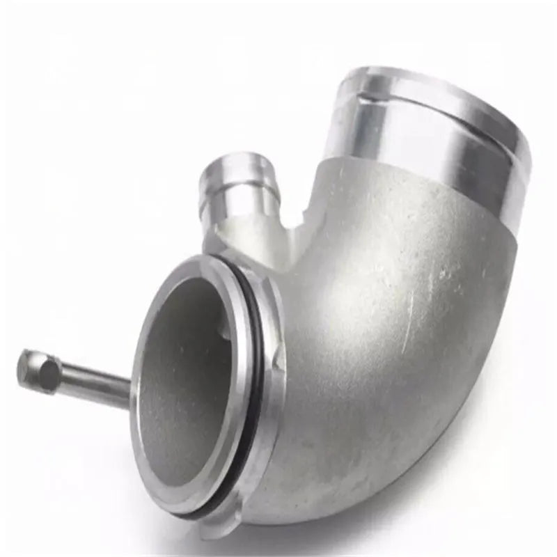 Black aluminium alloy 90 degree turbocharger elbow tube for lateral engine mounting.