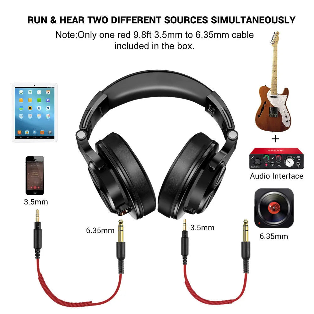 Black or red OneOdio closed-back over-ear wired headphones with 40mm speaker drivers.