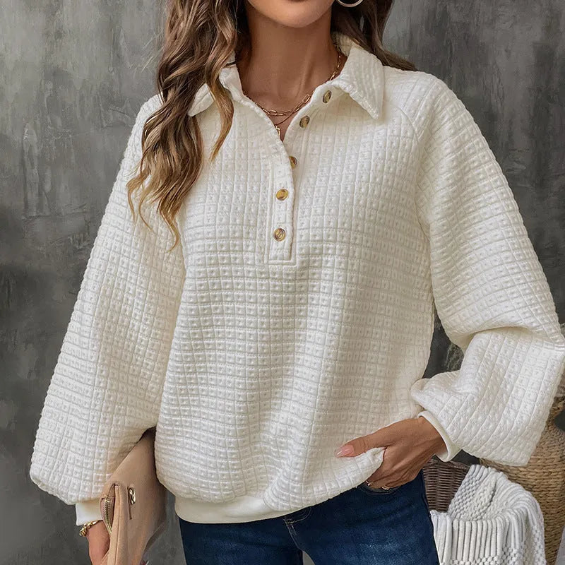 Women's milky white polo collar sweater with long sleeves and a solid colour texture.
