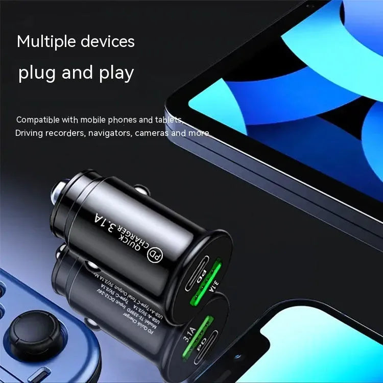 Black dual USB car charger plugged into vehicle 12V socket with phone charging