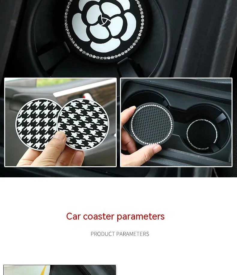 PVC car cup holder mat in black and white checkerboard pattern for vehicle drink holder slots