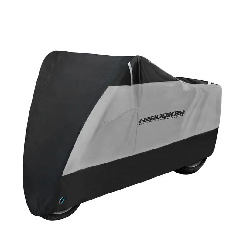 Black polyester motorcycle cover shown fitted on a bike, demonstrating rain and sun protection
