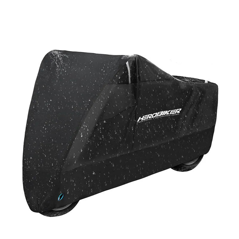 Black polyester motorcycle cover shown fitted on a bike, demonstrating rain and sun protection