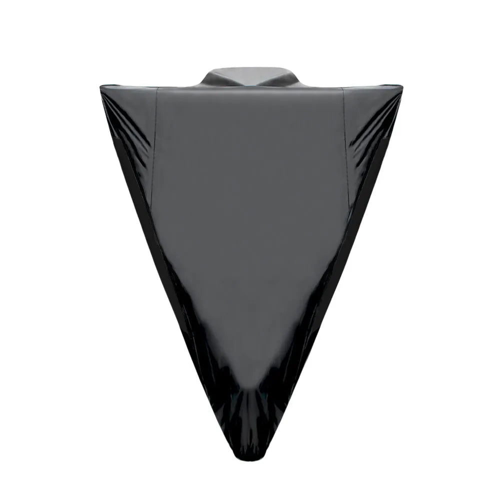 Black polyester motorcycle cover shown fitted on a bike, demonstrating rain and sun protection