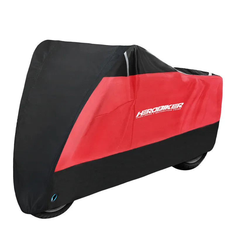 Black polyester motorcycle cover shown fitted on a bike, demonstrating rain and sun protection