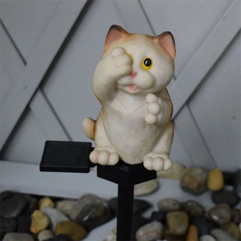 Brown solar-powered cat lawn light for garden decoration with LED illumination