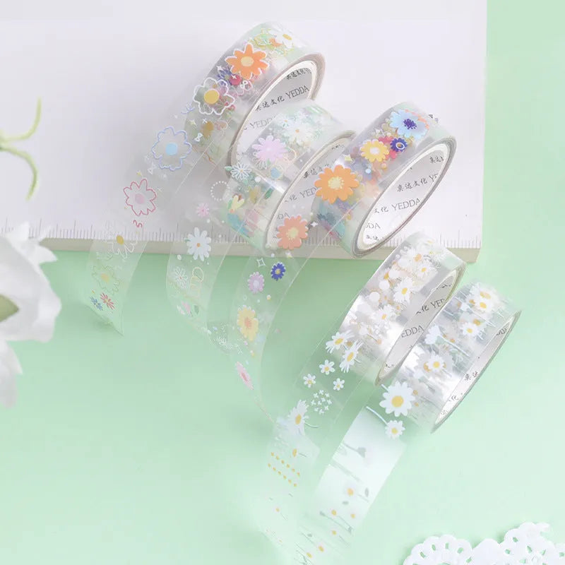 Five rolls of transparent adhesive tape with Midsummer Daisy cartoon decoration, each 1.5cm wide