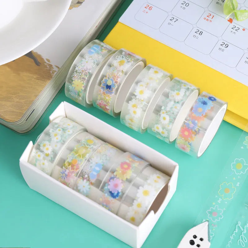 Five rolls of transparent adhesive tape with Midsummer Daisy cartoon decoration, each 1.5cm wide
