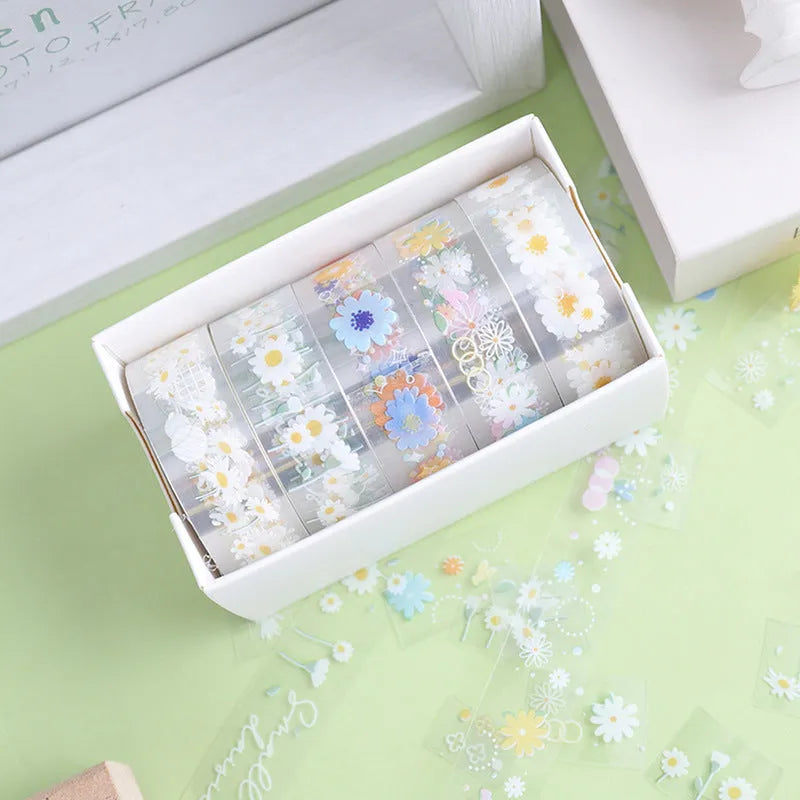Five rolls of transparent adhesive tape with Midsummer Daisy cartoon decoration, each 1.5cm wide
