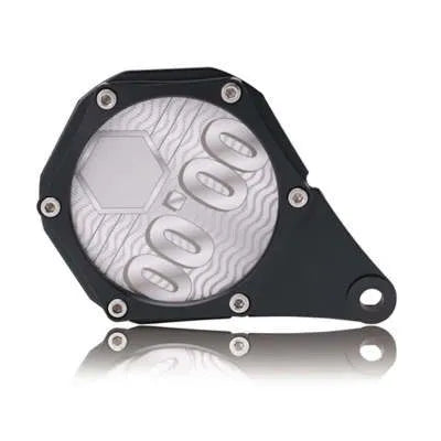 Black carbon fibre pattern motorcycle tax seal with six-corner screw measuring 100x7mm